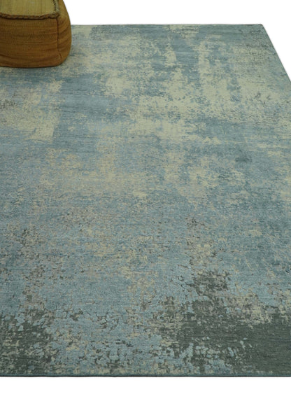 Abstract Design Blue, Beige And Gray 8x10 Hand Knotted Wool and Bamboo Silk Rug - Tampa Home & Garden Store