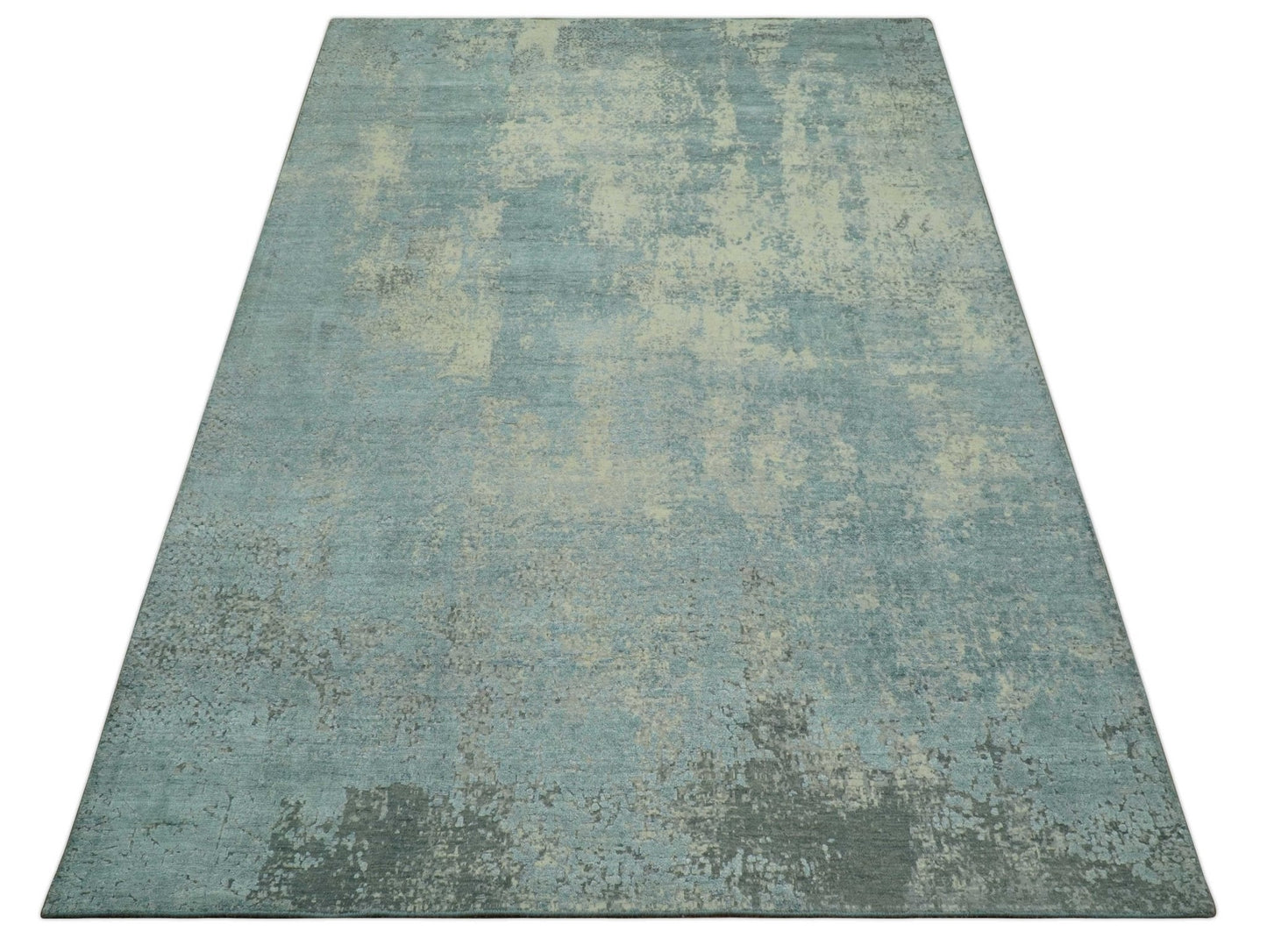 Abstract Design Blue, Beige And Gray 8x10 Hand Knotted Wool and Bamboo Silk Rug - Tampa Home & Garden Store