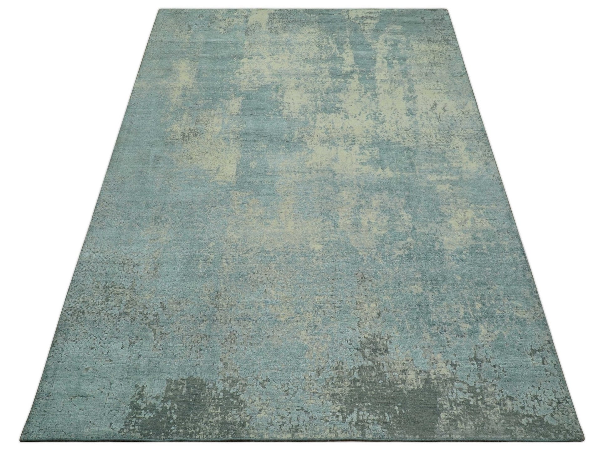 Abstract Design Blue, Beige And Gray 8x10 Hand Knotted Wool and Bamboo Silk Rug - Tampa Home & Garden Store