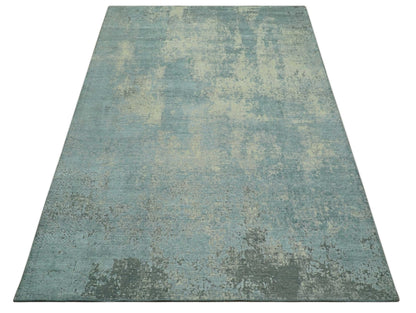 Abstract Design Blue, Beige And Gray 8x10 Hand Knotted Wool and Bamboo Silk Rug - Tampa Home & Garden Store