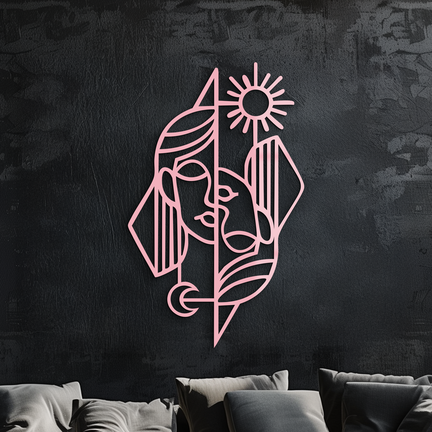 Abstract Face Metal Wall Art – Sun and Moon Geometric Line Design - KAFGP135 - Tampa Home & Garden Store