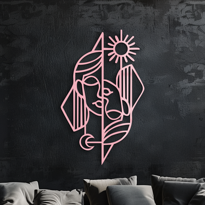 Abstract Face Metal Wall Art – Sun and Moon Geometric Line Design - KAFGP135 - Tampa Home & Garden Store