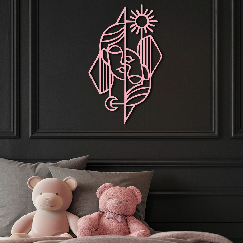 Abstract Face Metal Wall Art – Sun and Moon Geometric Line Design - KAFGP135 - Tampa Home & Garden Store