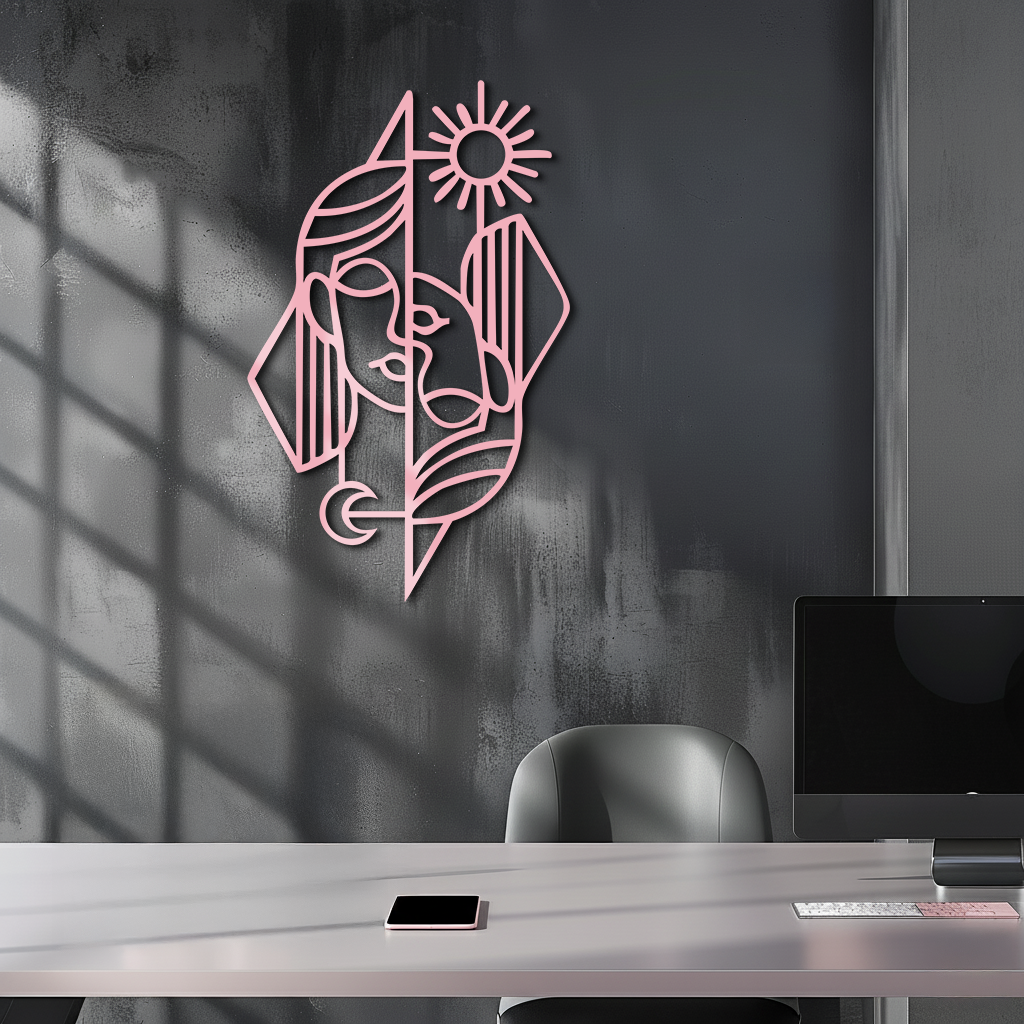 Abstract Face Metal Wall Art – Sun and Moon Geometric Line Design - KAFGP135 - Tampa Home & Garden Store