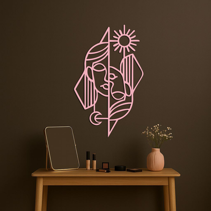Abstract Face Metal Wall Art – Sun and Moon Geometric Line Design - KAFGP135 - Tampa Home & Garden Store