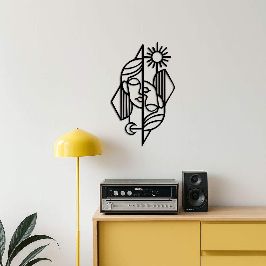 Abstract Face Metal Wall Art – Sun and Moon Geometric Line Design - KAFGP135 - Tampa Home & Garden Store