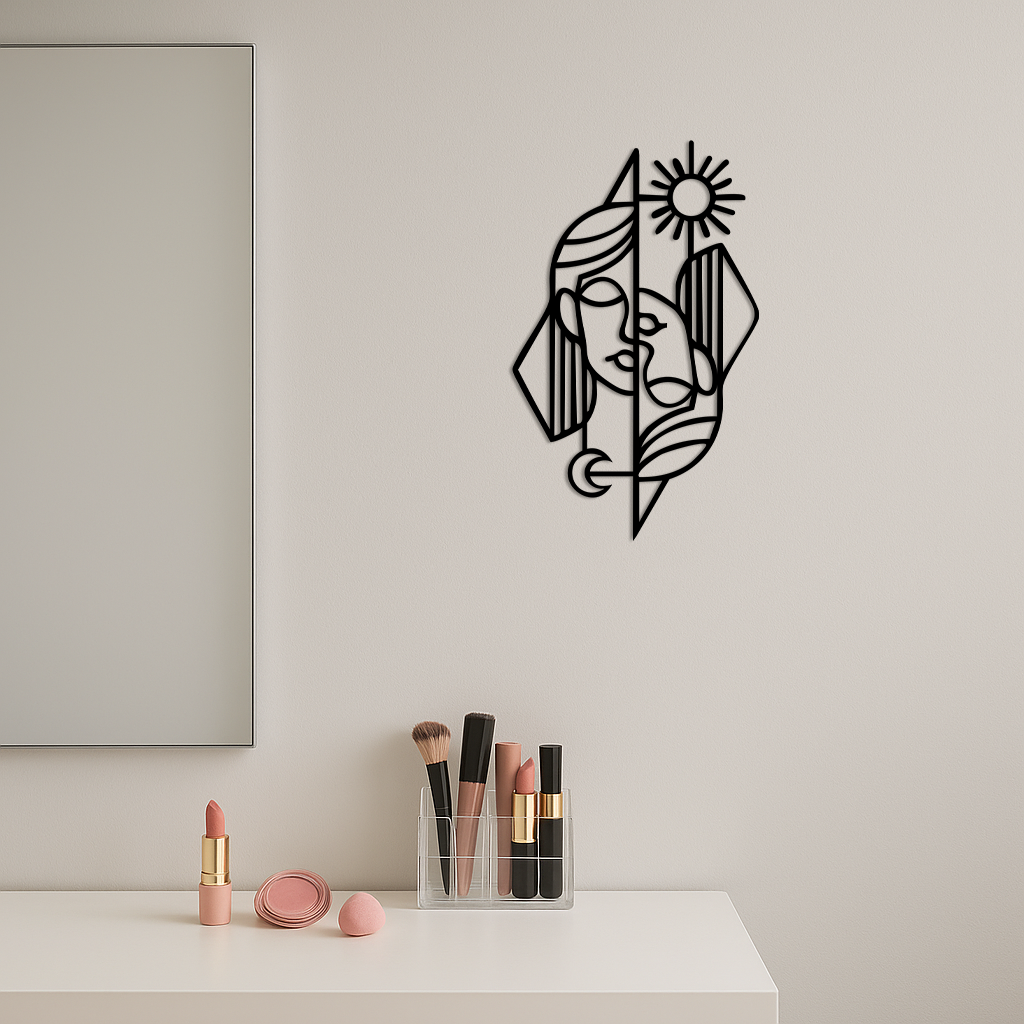 Abstract Face Metal Wall Art – Sun and Moon Geometric Line Design - KAFGP135 - Tampa Home & Garden Store