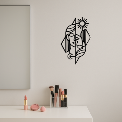 Abstract Face Metal Wall Art – Sun and Moon Geometric Line Design - KAFGP135 - Tampa Home & Garden Store