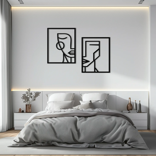 Abstract Faces Metal Wall Art, modern line art in black metal, two framed pieces on Tampa Home & Garden Store