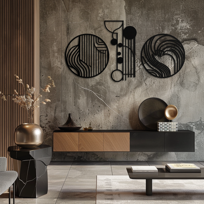 Abstract Geometric Trio Metal Wall Art – Modern Circle and Line Patterned Minimalist Steel Decor Set- KAF351 - Tampa Home & Garden Store