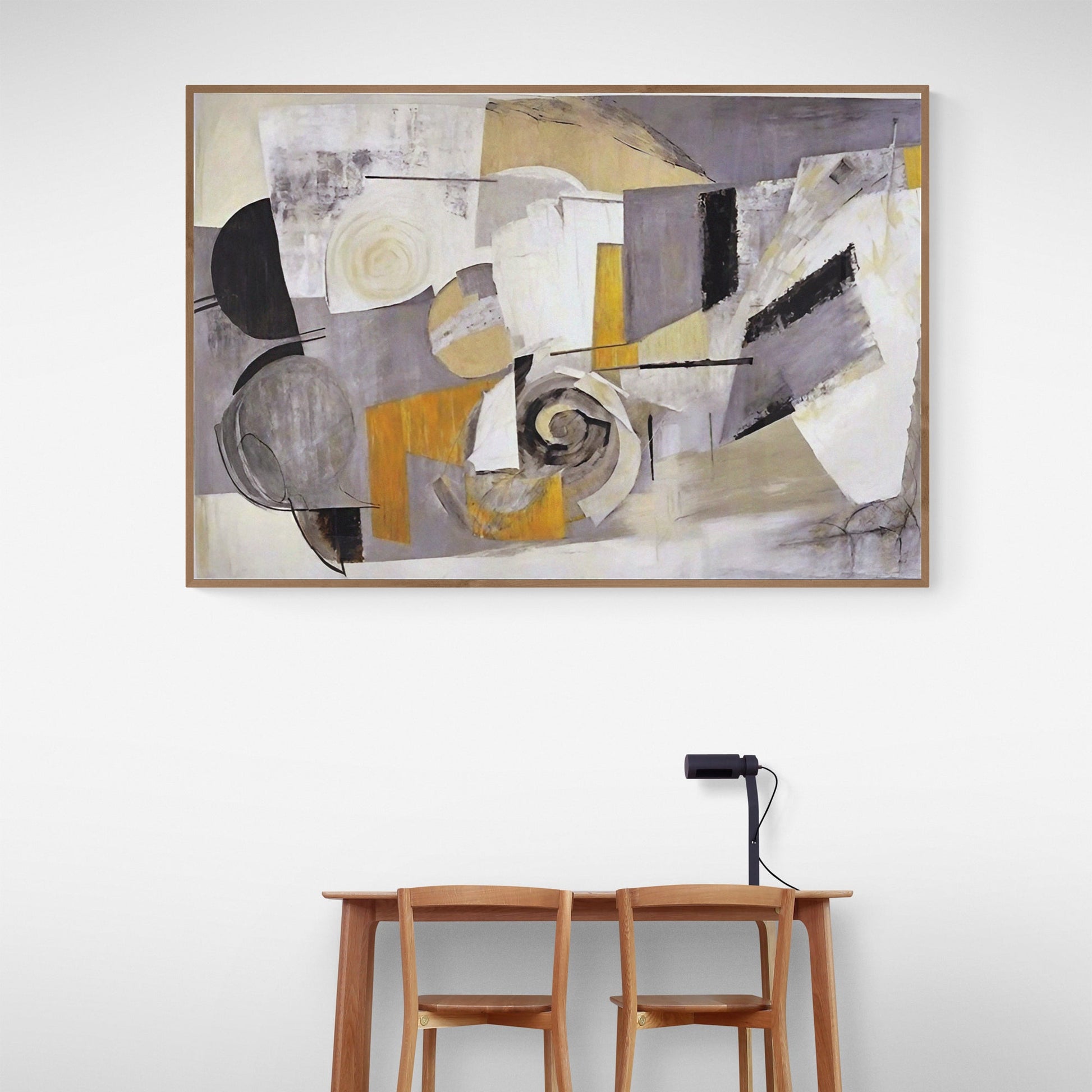Canvas print Focus by Tailored Canvases; abstract geometric art in gray beige orange on light wood on Tampa Home & Garden Store