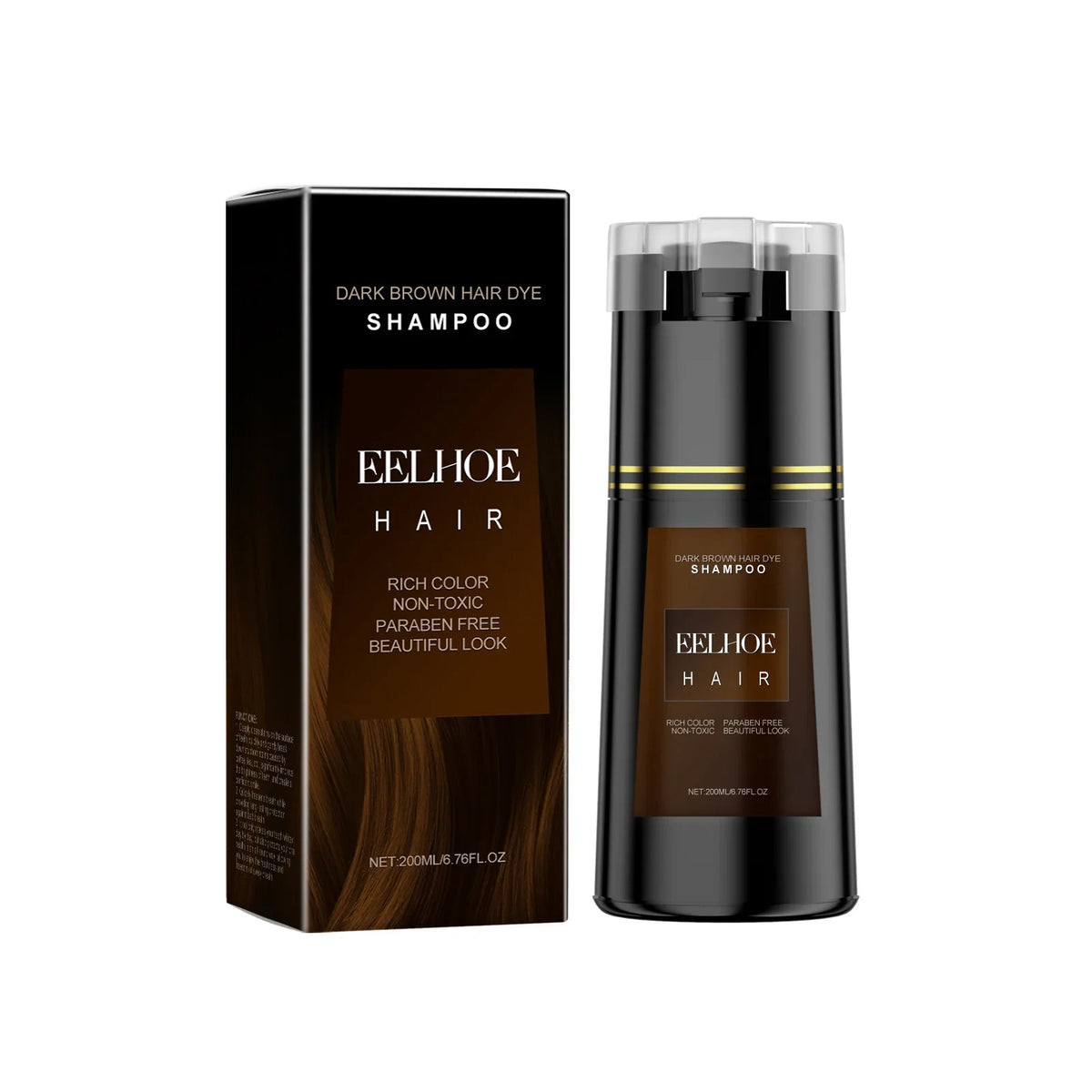 EELHOE dark brown hair dye shampoo bottle with matching box, black packaging and brown label on Tampa Home & Garden Store