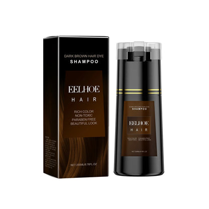 EELHOE dark brown hair dye shampoo bottle with matching box, black packaging and brown label on Tampa Home & Garden Store
