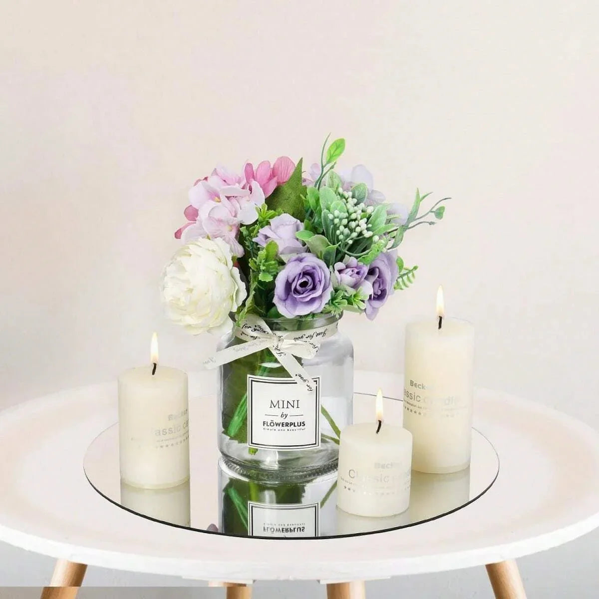 Acrylic round centerpiece mirrors by Perfecsy on round mirror tray with blooms and candles on Tampa Home & Garden Store