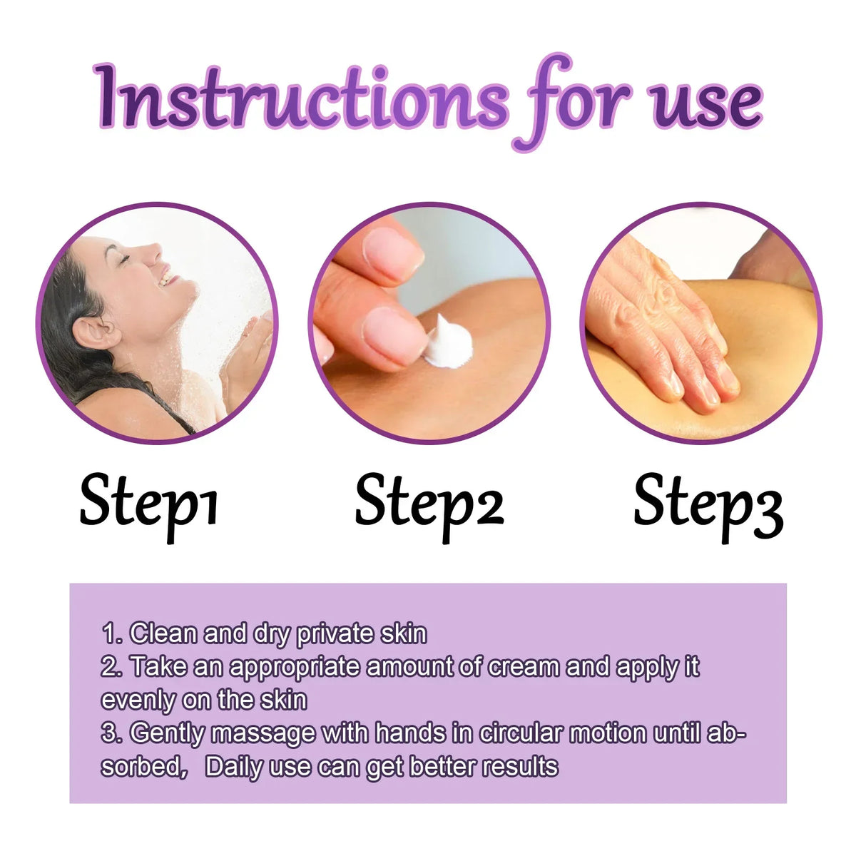 Body whitening lotion Silcy Skin - 3-step usage visuals in purple bordered circles on Tampa Home & Garden Store