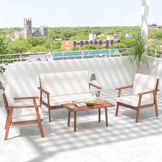 4 Piece Outdoor Acacia Wood Conversation Set with Soft Seat and Back Cushions-White - Tampa Home & Garden Store