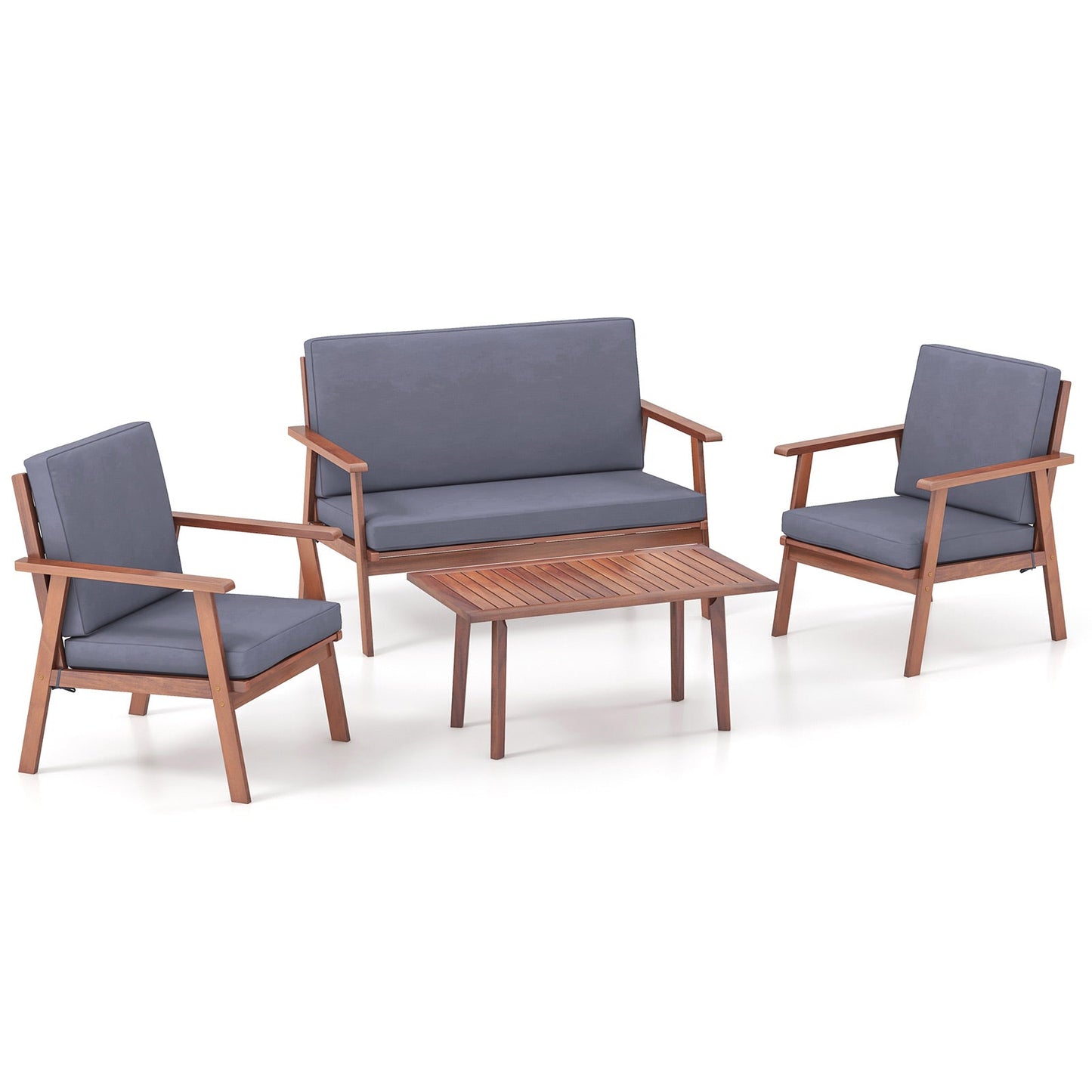 4 Piece Outdoor Acacia Wood Conversation Set with Soft Seat and Back Cushions-White