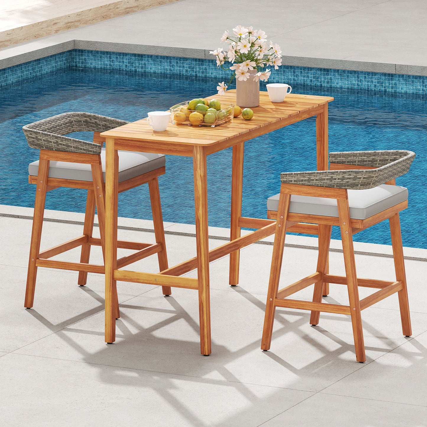 Mesa de altura de mostrador de madera de acacia con tablero de listones y travesaño reposapiés