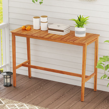 Mesa de altura de mostrador de madera de acacia con tablero de listones y travesaño reposapiés
