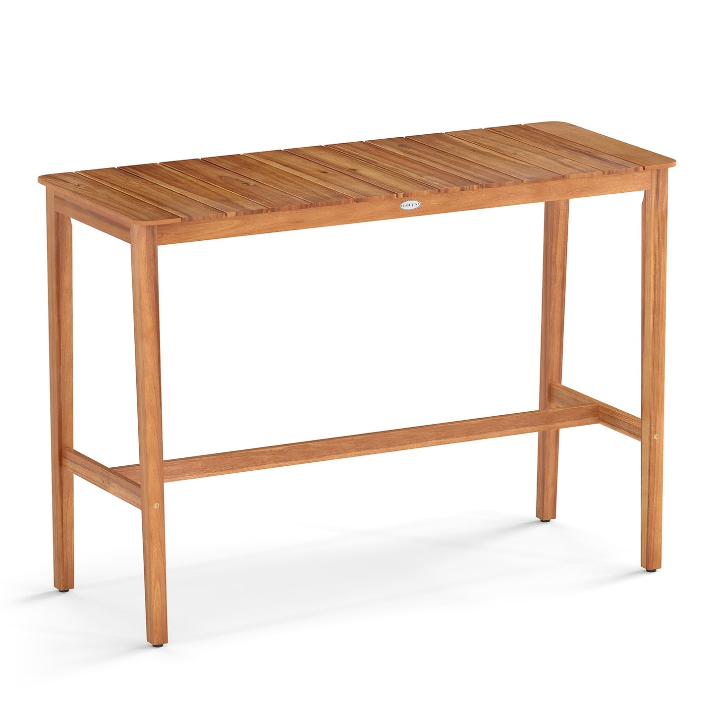 Mesa de altura de mostrador de madera de acacia con tablero de listones y travesaño reposapiés