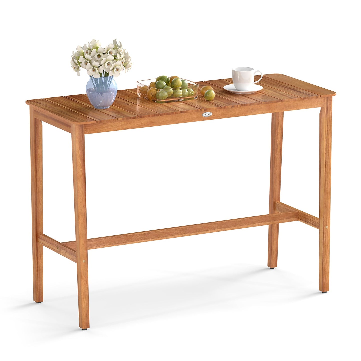 Mesa de altura de mostrador de madera de acacia con tablero de listones y travesaño reposapiés