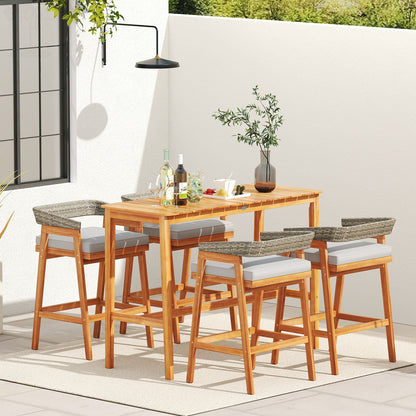 Mesa de altura de mostrador de madera de acacia con tablero de listones y travesaño reposapiés