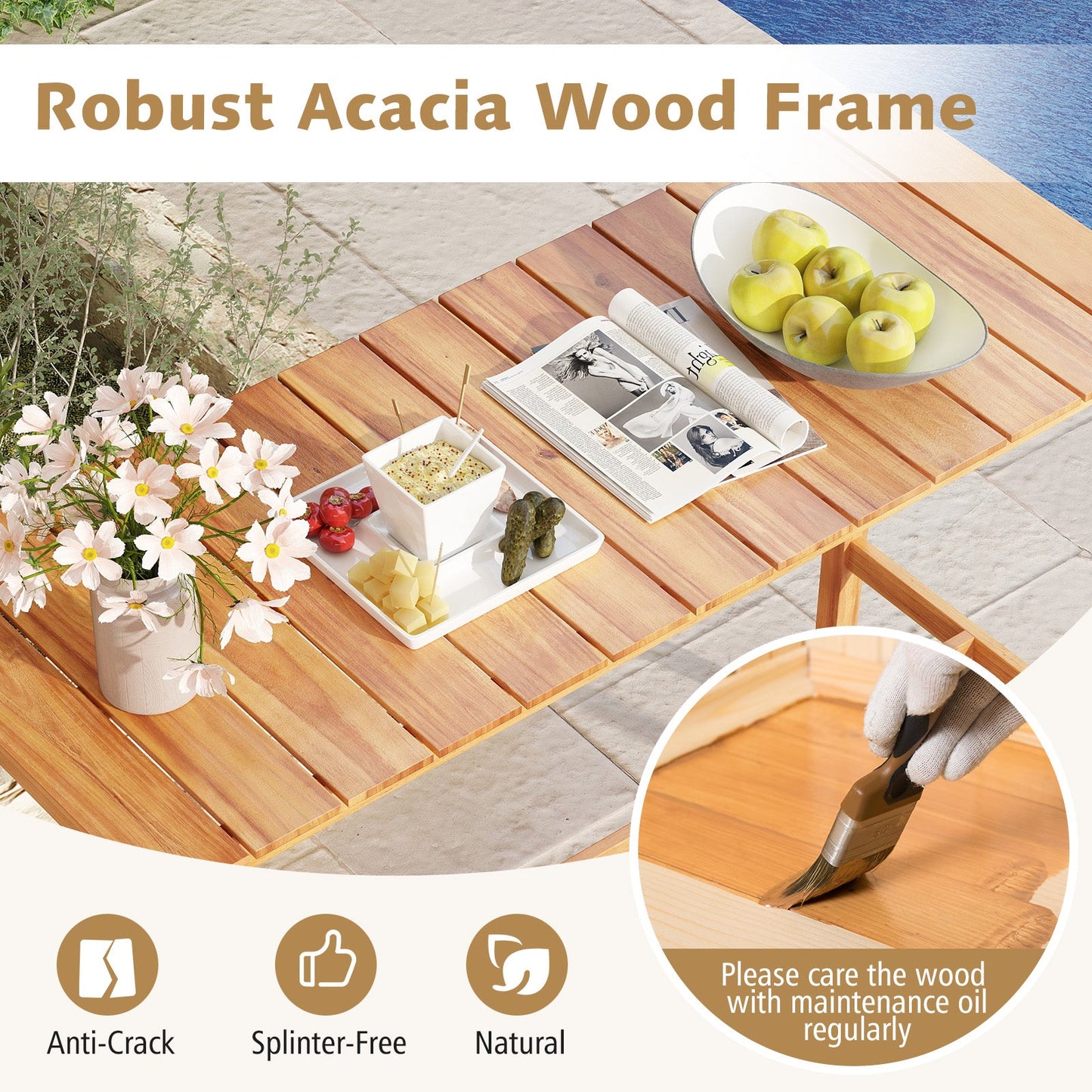 Mesa de altura de mostrador de madera de acacia con tablero de listones y travesaño reposapiés