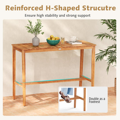 Mesa de altura de mostrador de madera de acacia con tablero de listones y travesaño reposapiés