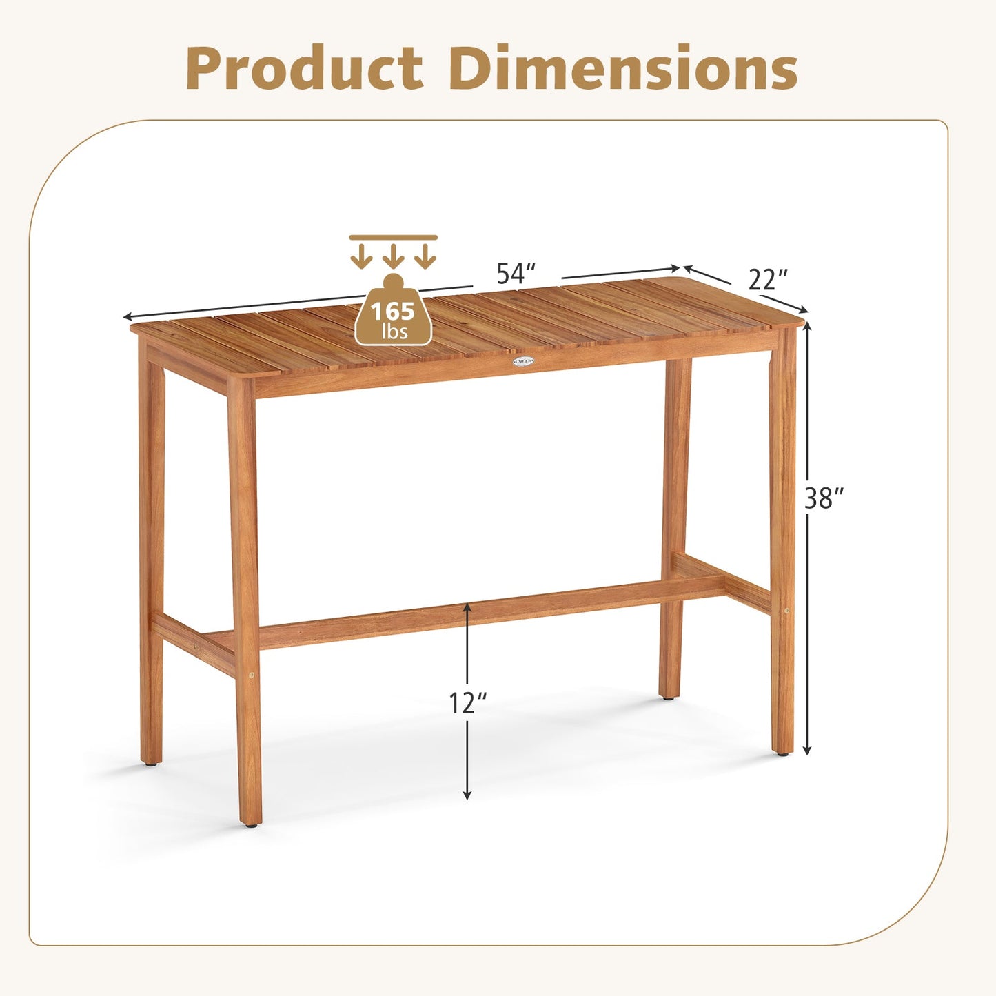 Mesa de altura de mostrador de madera de acacia con tablero de listones y travesaño reposapiés