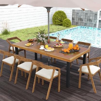 Mesa de Comedor de Madera de Acacia de 79 Pulgadas, Mesa de Patio para 8 Personas con Agujero para Sombrilla de 1.9 Pulgadas y Almohadillas Ajustables para los Pies