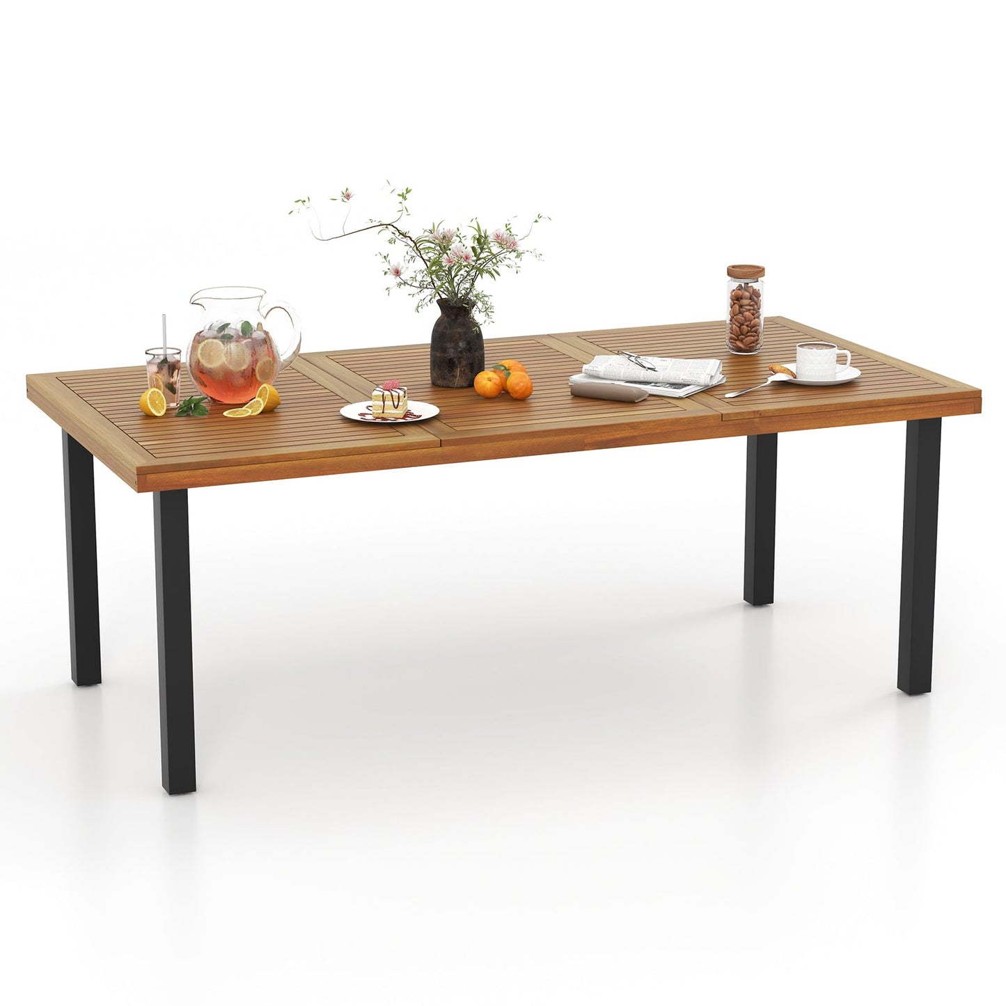 Mesa de Comedor de Madera de Acacia de 79 Pulgadas, Mesa de Patio para 8 Personas con Agujero para Sombrilla de 1.9 Pulgadas y Almohadillas Ajustables para los Pies
