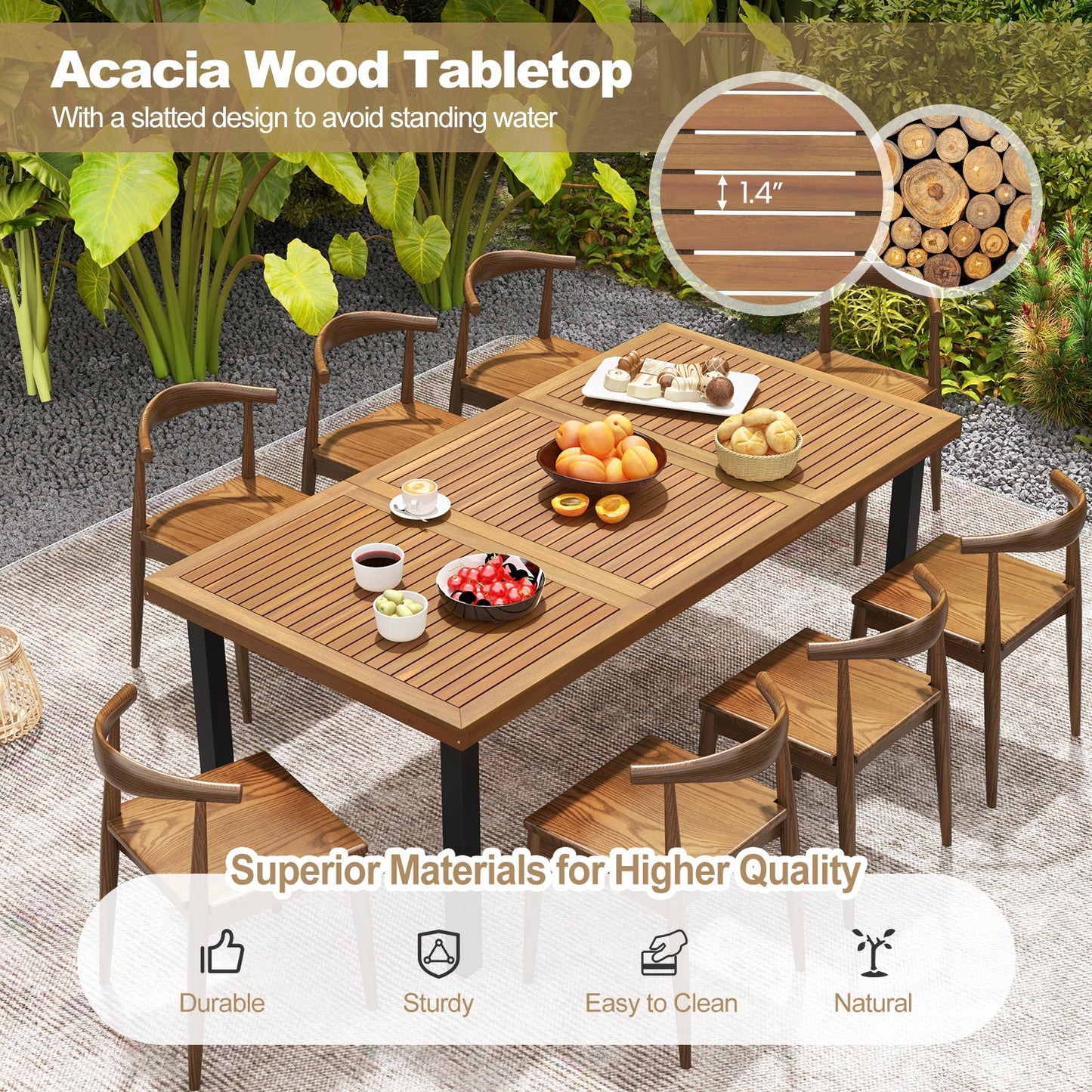 Mesa de Comedor de Madera de Acacia de 79 Pulgadas, Mesa de Patio para 8 Personas con Agujero para Sombrilla de 1.9 Pulgadas y Almohadillas Ajustables para los Pies
