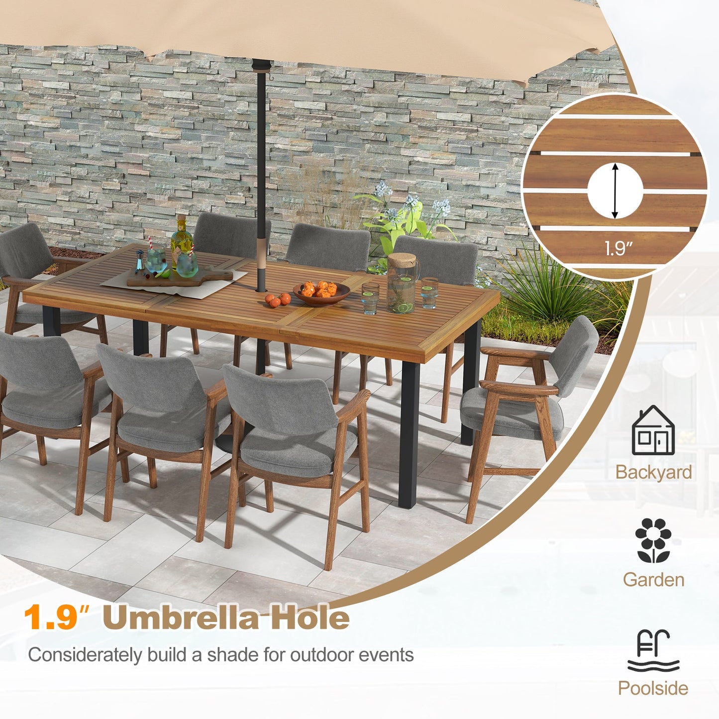 Mesa de Comedor de Madera de Acacia de 79 Pulgadas, Mesa de Patio para 8 Personas con Agujero para Sombrilla de 1.9 Pulgadas y Almohadillas Ajustables para los Pies