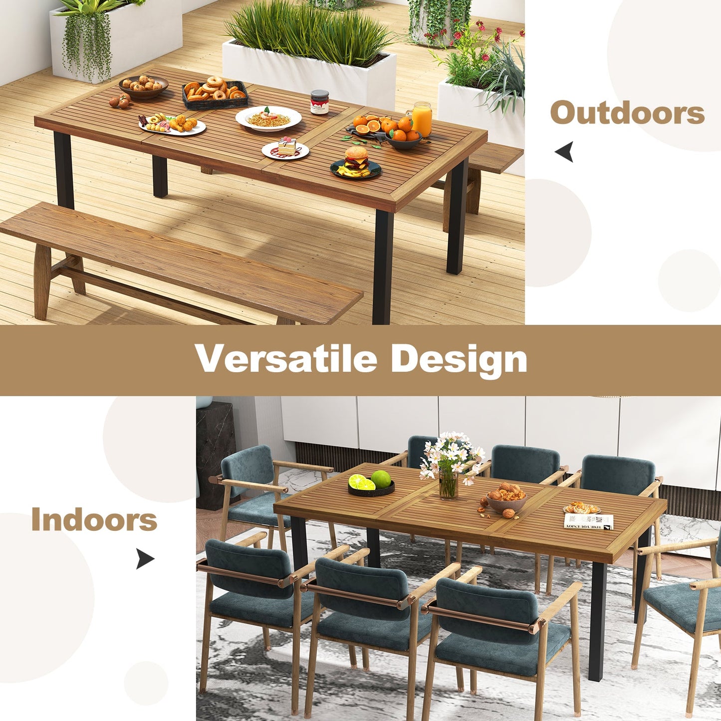 Mesa de Comedor de Madera de Acacia de 79 Pulgadas, Mesa de Patio para 8 Personas con Agujero para Sombrilla de 1.9 Pulgadas y Almohadillas Ajustables para los Pies