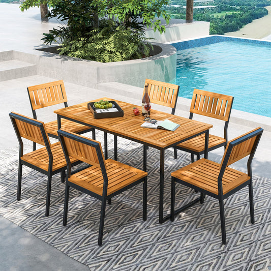 Acacia Wood Dining Table for 6 People with Slatted Tabletop and Umbrella Hole - Tampa Home & Garden Store