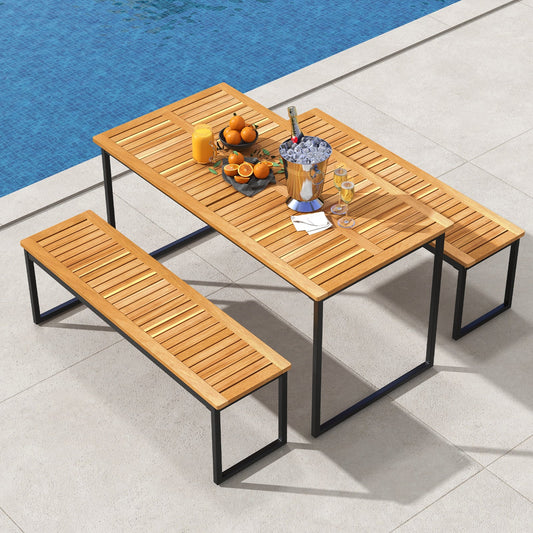 Acacia Wood Dining Table for 6 People with Slatted Tabletop and Umbrella Hole - Tampa Home & Garden Store