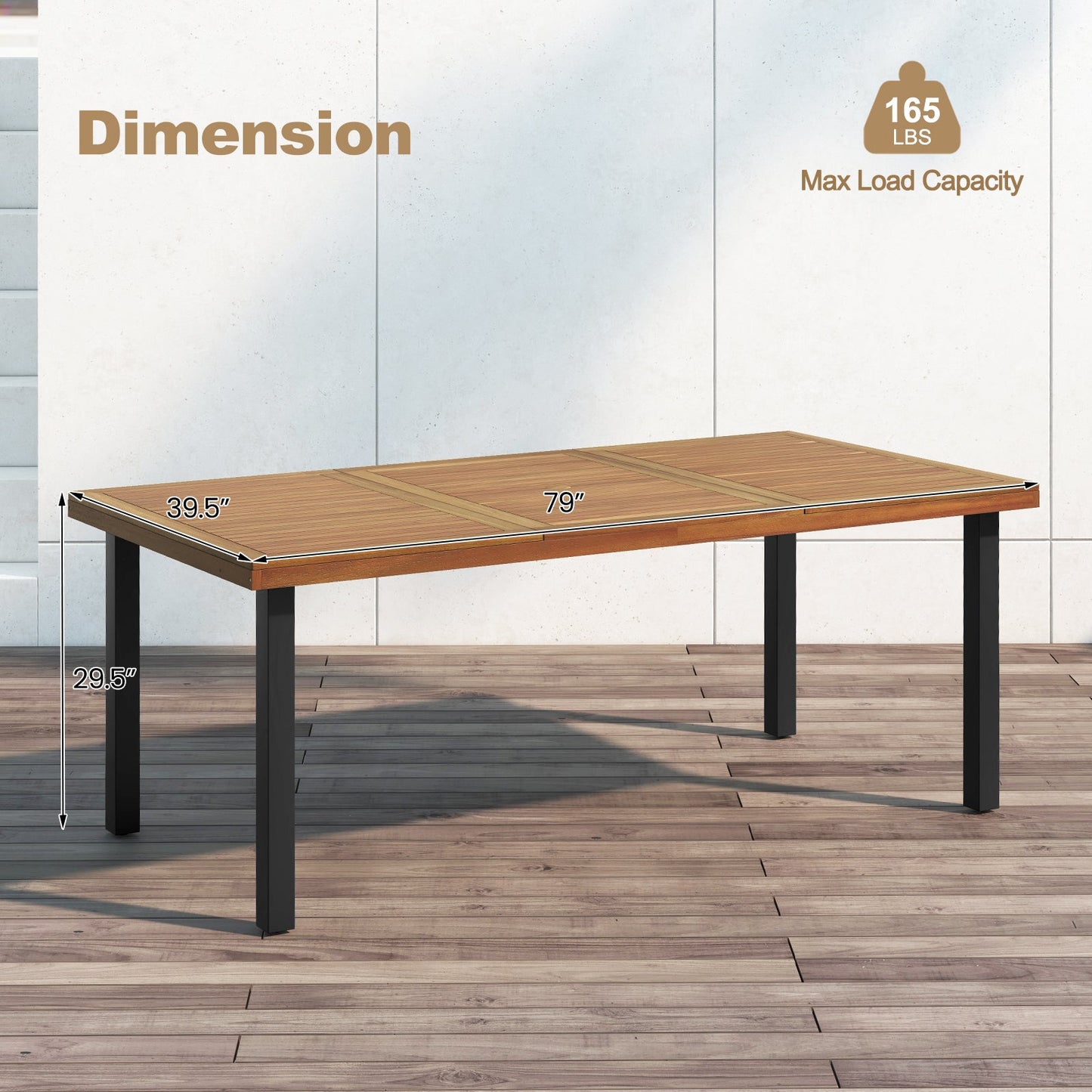 Mesa de Comedor de Madera de Acacia de 79 Pulgadas, Mesa de Patio para 8 Personas con Agujero para Sombrilla de 1.9 Pulgadas y Almohadillas Ajustables para los Pies