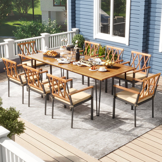 Acacia Wood Outdoor Furniture Set 9 Pieces Patio Dining Set with 8 Chairs - Tampa Home & Garden Store