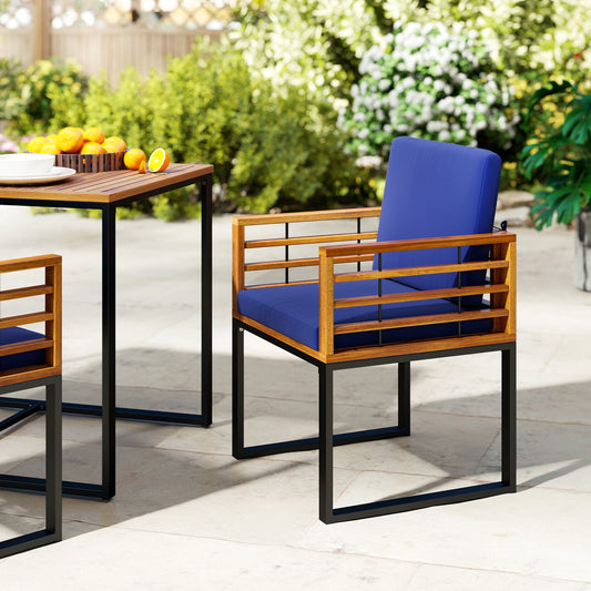 Acacia Wood Outdoor Dining Chairs Set of 2 with Soft Cushions-Navy - Tampa Home & Garden Store