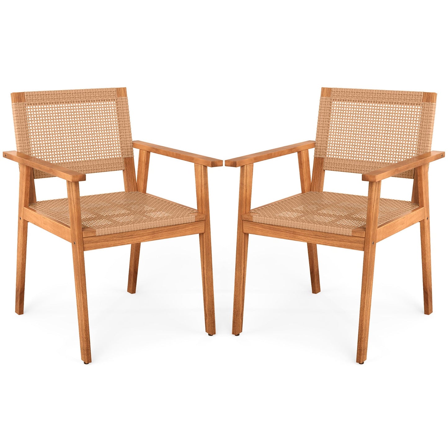 Acacia Wood Outdoor Dining Chairs Set of 2 PE Rattan Patio Chairs with Backrests and Armrests