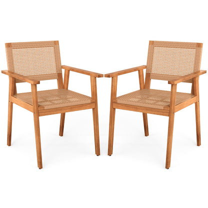 Acacia Wood Outdoor Dining Chairs Set of 2 PE Rattan Patio Chairs with Backrests and Armrests