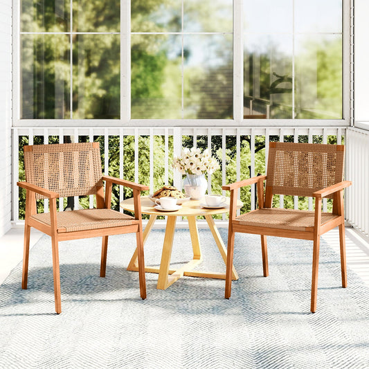 Acacia Wood Outdoor Dining Chairs Set of 2 PE Rattan Patio Chairs with Backrests and Armrests - Tampa Home & Garden Store