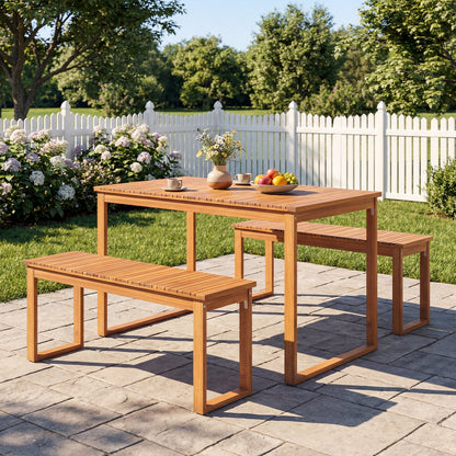 Acacia wood outdoor garden dining table with slatted benches by LJGDeals natural finish on Tampa Home & Garden Store