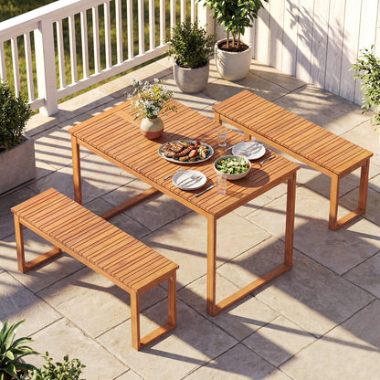 Acacia wood outdoor garden bench set with slatted table in natural finish on Tampa Home & Garden Store