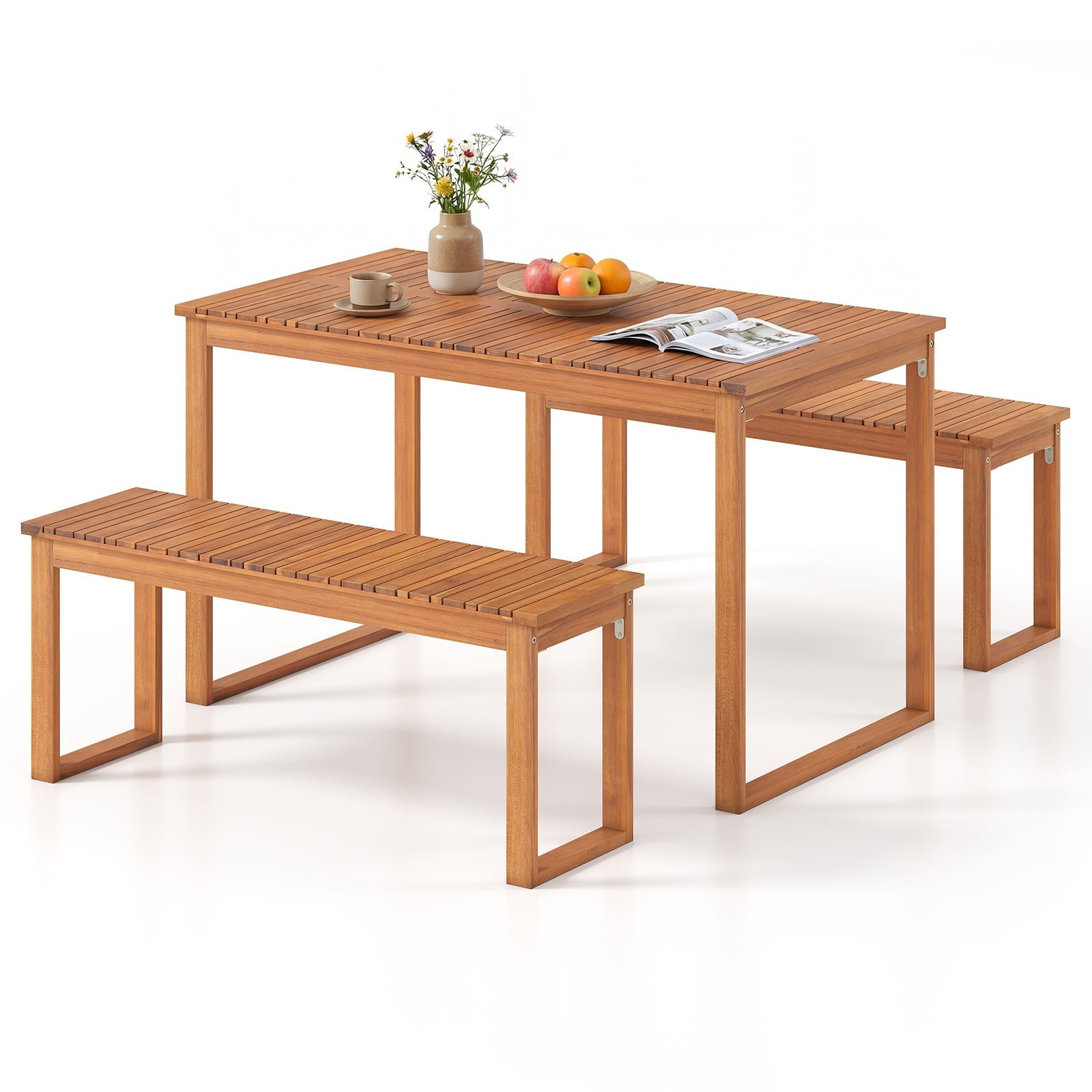 Acacia wood outdoor dining table with slatted top and 2 matching benches in natural finish on Tampa Home & Garden Store