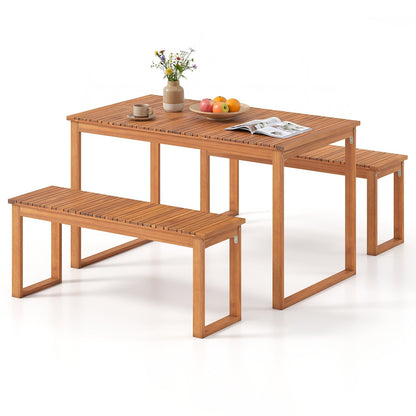 Acacia wood outdoor dining table with slatted top and 2 matching benches in natural finish on Tampa Home & Garden Store