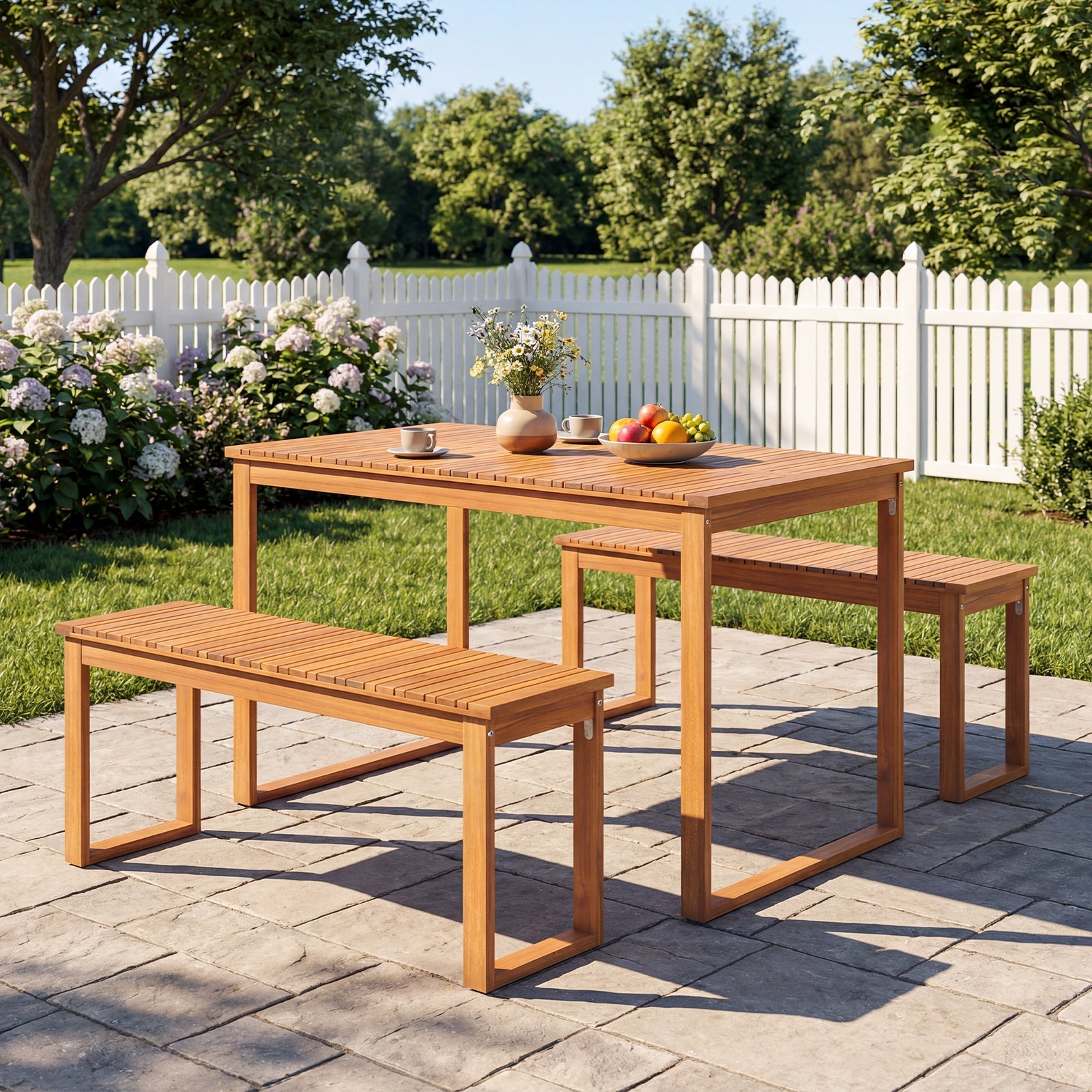 Acacia wood garden dining set with table and 2 benches, natural finish by LJGDeals on Tampa Home & Garden Store