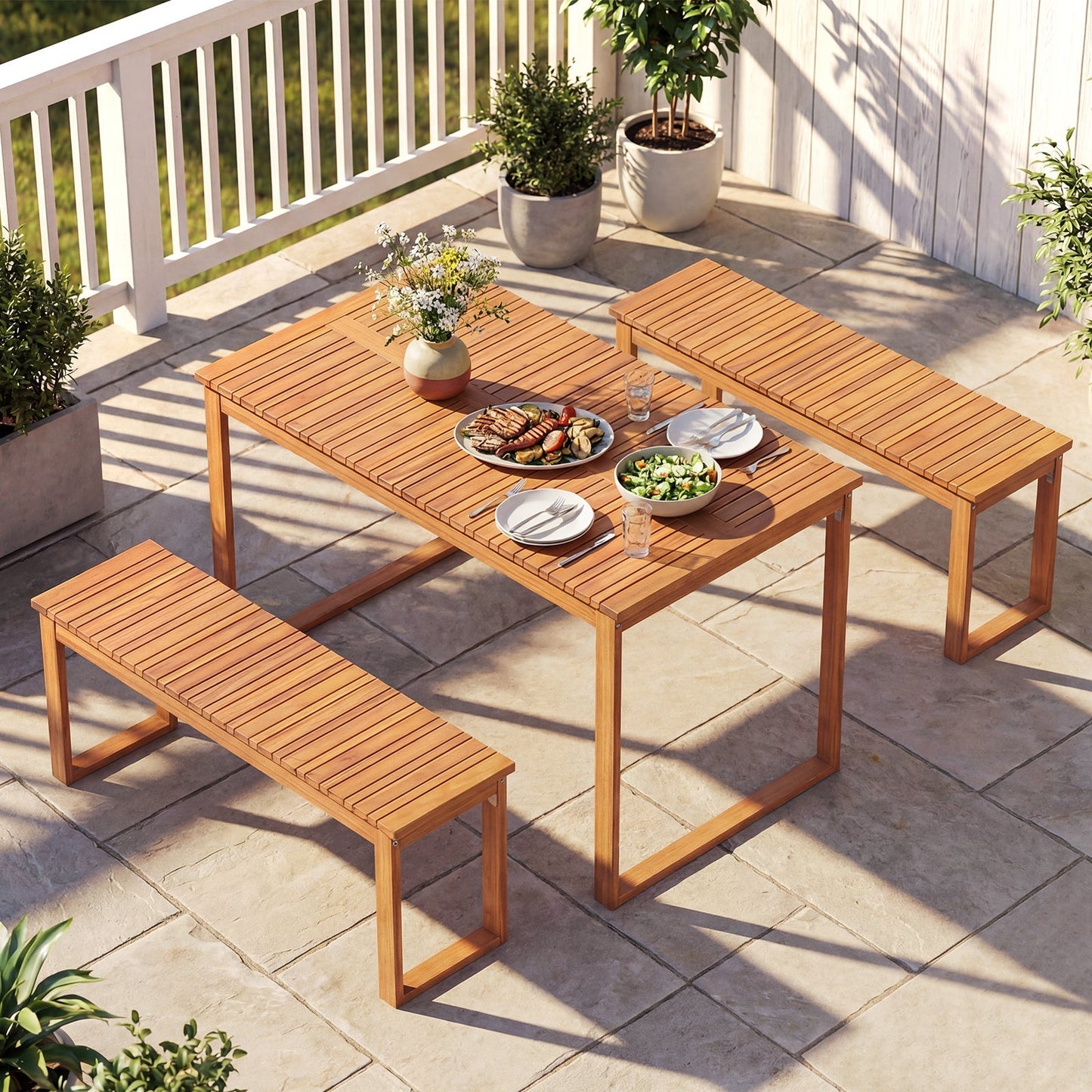 Acacia wood outdoor garden bench set by LJGDeals with slatted seats and matching table on Tampa Home & Garden Store
