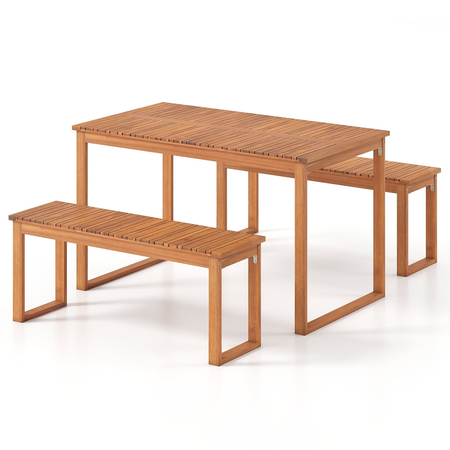 Acacia wood outdoor garden bench set three-piece with slatted seats on Tampa Home & Garden Store