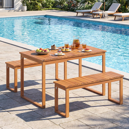 Acacia wood outdoor bench set with slatted seats, table and 2 benches by LJGDeals on Tampa Home & Garden Store